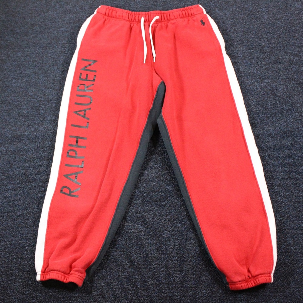 Ralph Lauren Red Fleece Joggers Small Logo Side Stripe Sweatpants